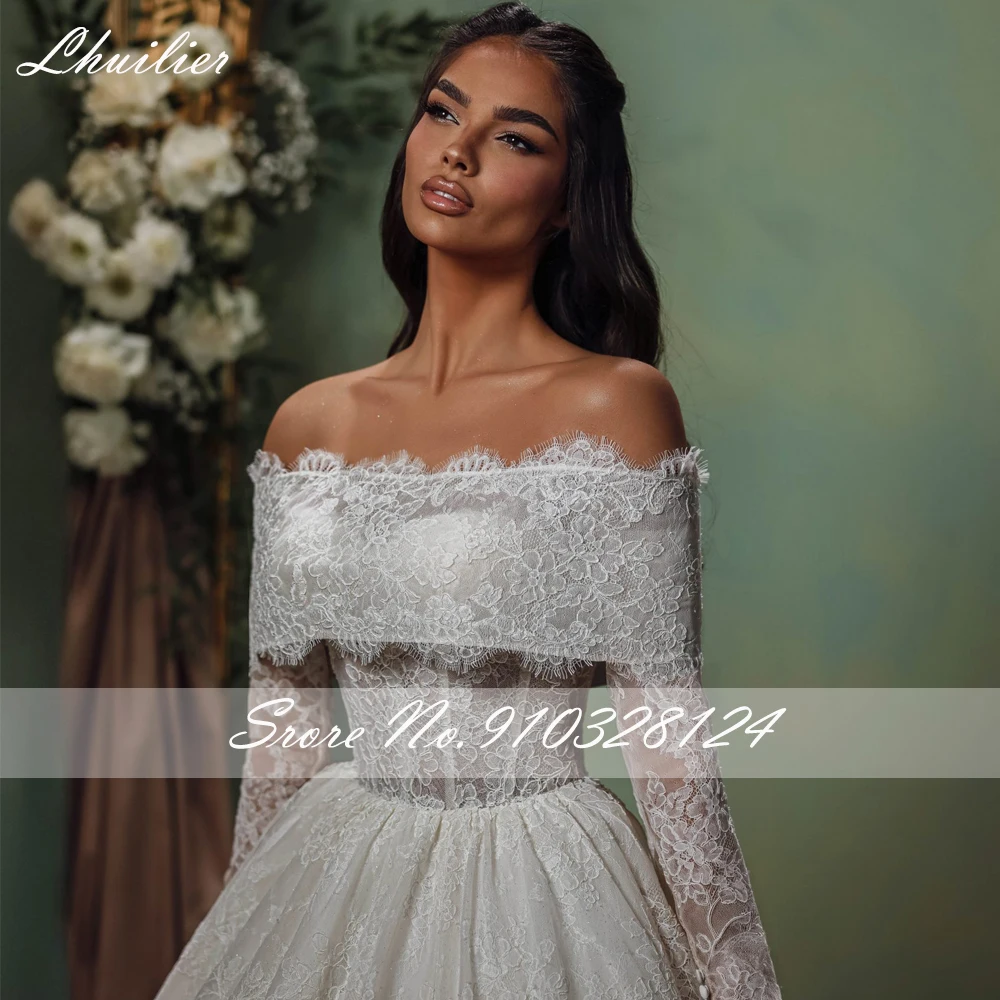 Lhuilier Customized Ball Gown Lace Wedding Dresses Off the Shoulder Long Sleeves Bridal Dress with Court Train image 3