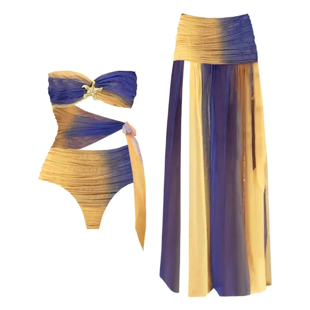 2 قطعة ملابس السباحة جوفاء مثير النساء بيكيني 2025 قطع ملابس السباحة الإناث لباس سباحة تنورة طويلة عميق الخامس Biquini ارتداءها بحر