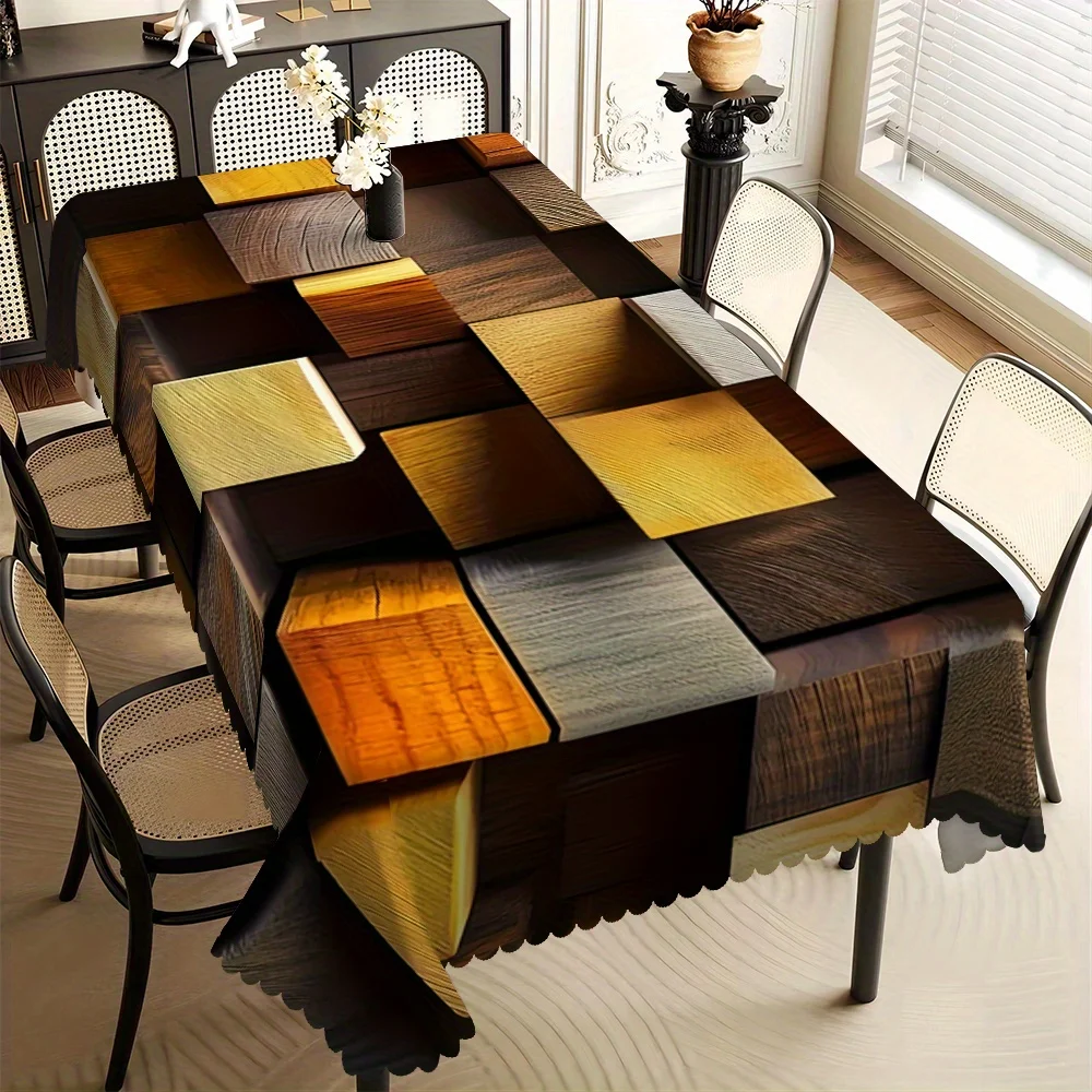 Rustic Multi-Tone Wood Tile Splice Print Tablecloth Spill Stain Resistant Wipe Clean Cover For Dining Coffee Kitchen Indoor r