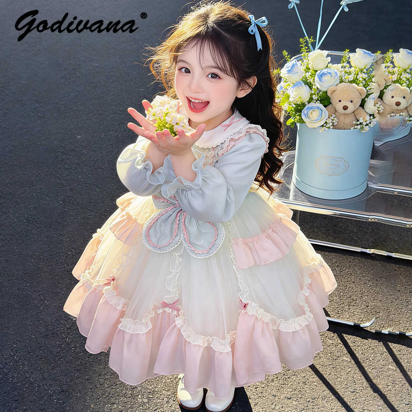 Baby Girls Lolita Princess Dress Kids Spring 2026 New Puff Long Sleeve Doll Collar Cute Bow Lace Trim Birthday Party Tutu Dress
