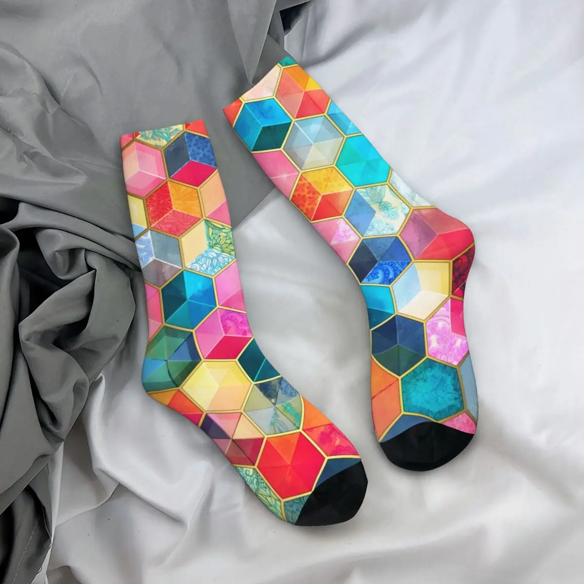 Crystal Bohemian Honeycomb Cubes - Colorful Hexagon Pattern Men's Socks Vintage Harajuku Street Style Novelty Seamless Crew Sock