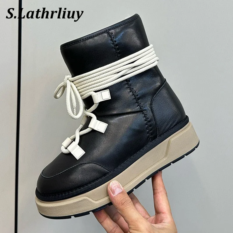 

Winter Fashion Lace Up Snow Boots Women's Round Toe Real Wool Lining Warm Short Boots Flat Thick Bottom Non-slip Ankle Botas