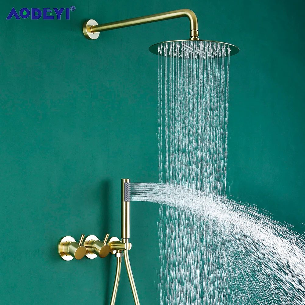 Bathroom Faucet System Wall Mounted Brass Brushed Gold Water Contral Valve Rain Shower Head Handheld Holder Hose