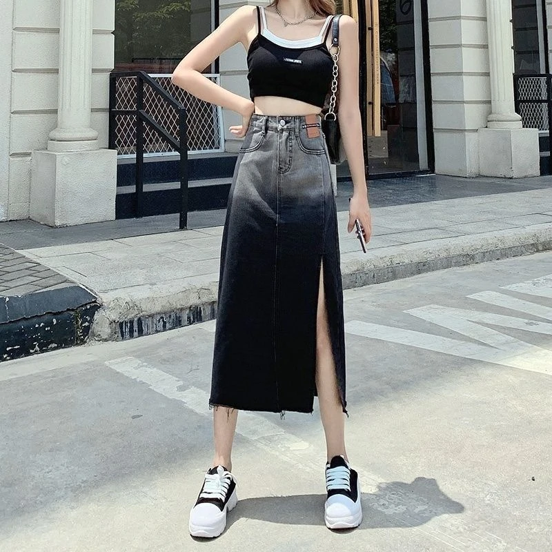 Trendy Gradient Denim Skirt Women Spring High Waist Side Split A Line Bodycon Mid Length Fashion Piece