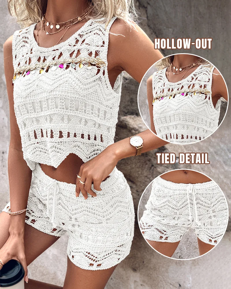 Two Piece Sets Women Shorts Pants Set Beach Knitted Slim Y2k Round Neck Sleeveless Tops High Waist Lace Up Pant Casual Summer