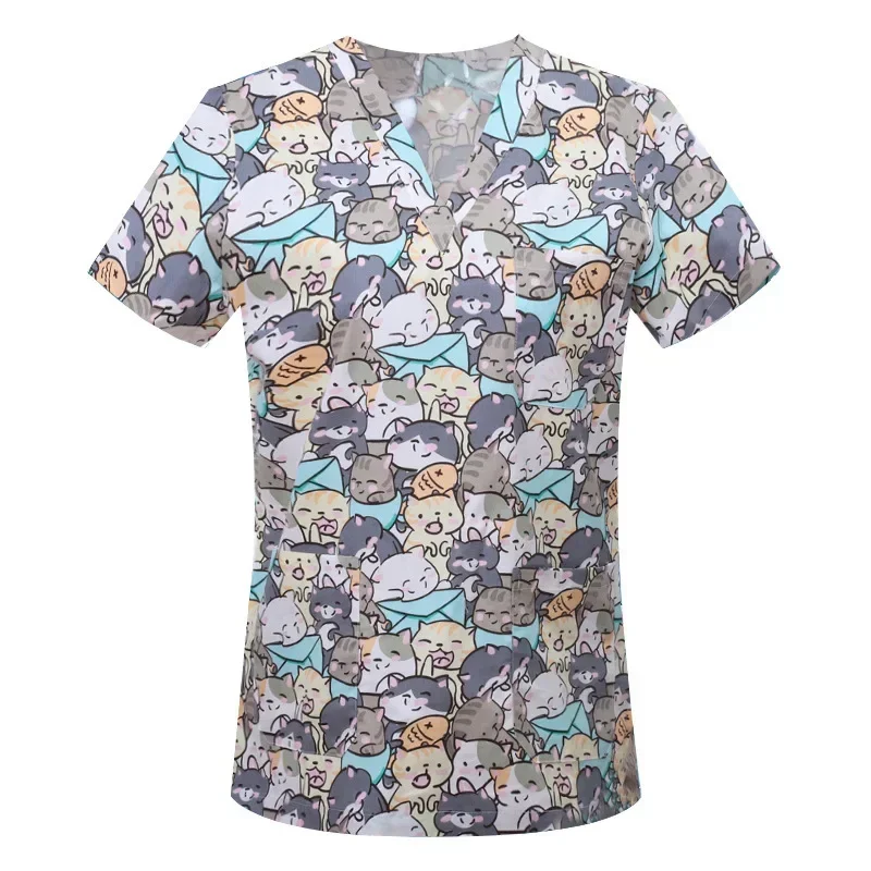 Desenhos animados Animais Imprimir Cotton Scrub Tops, Pet Clínica, Hospital, Enfermagem, Odontologia, Médico Blusa, Médico Cirúrgico Uniformes