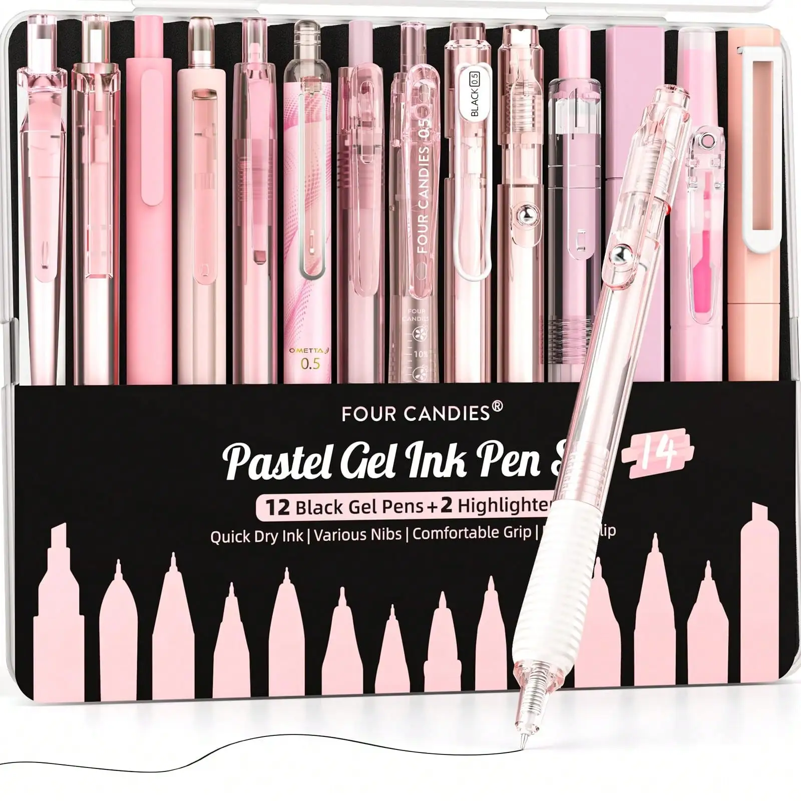 

Four Candies 14Pcs Pastel Gel Pen Set - 0.5mm Retractable (12 Black + 2 Highlighters), Pink For School/Office
