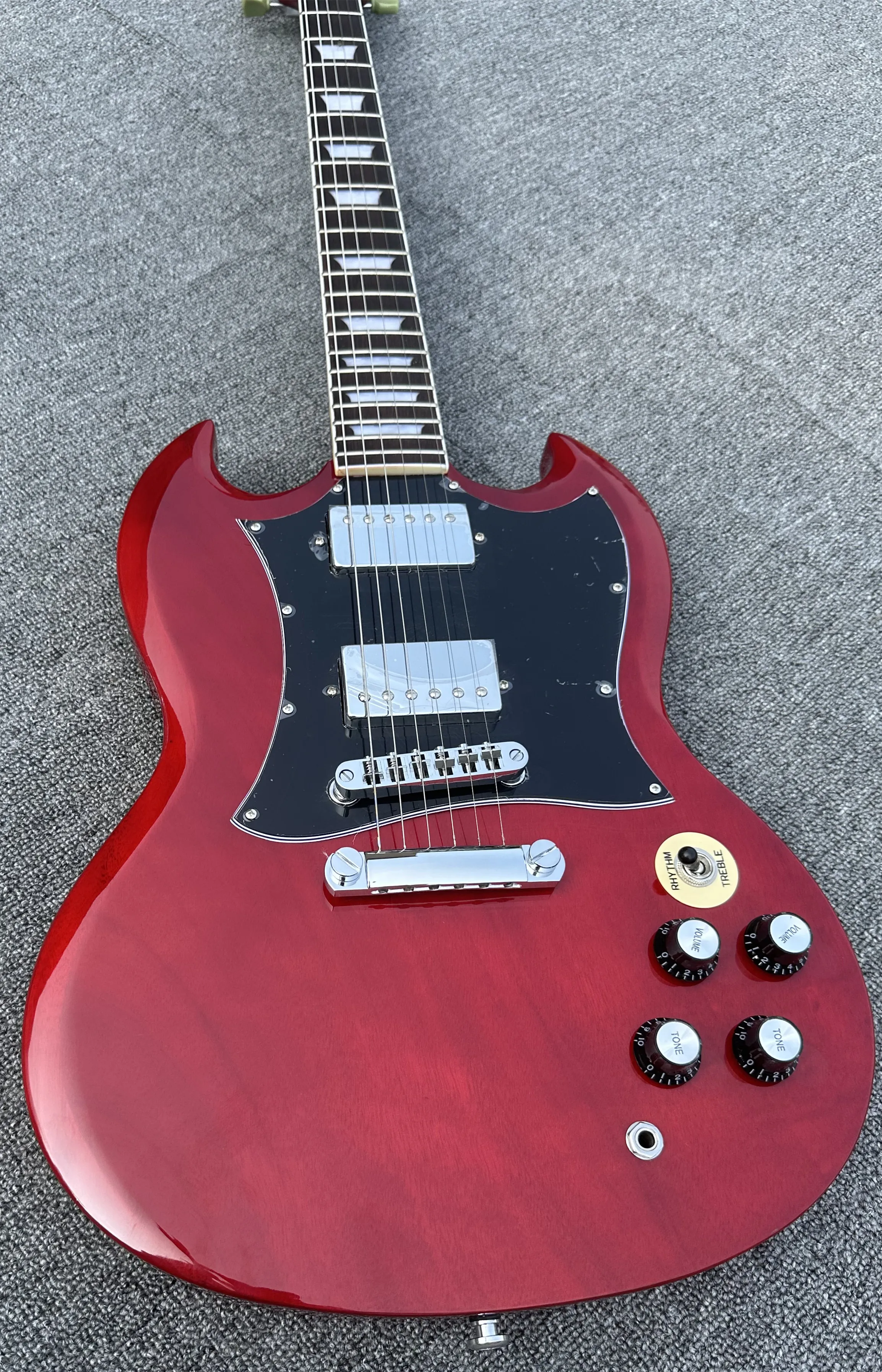 Standard electric guitar, SG, burgundy, shiny, flowerpot inlay, in stock, quick shipping