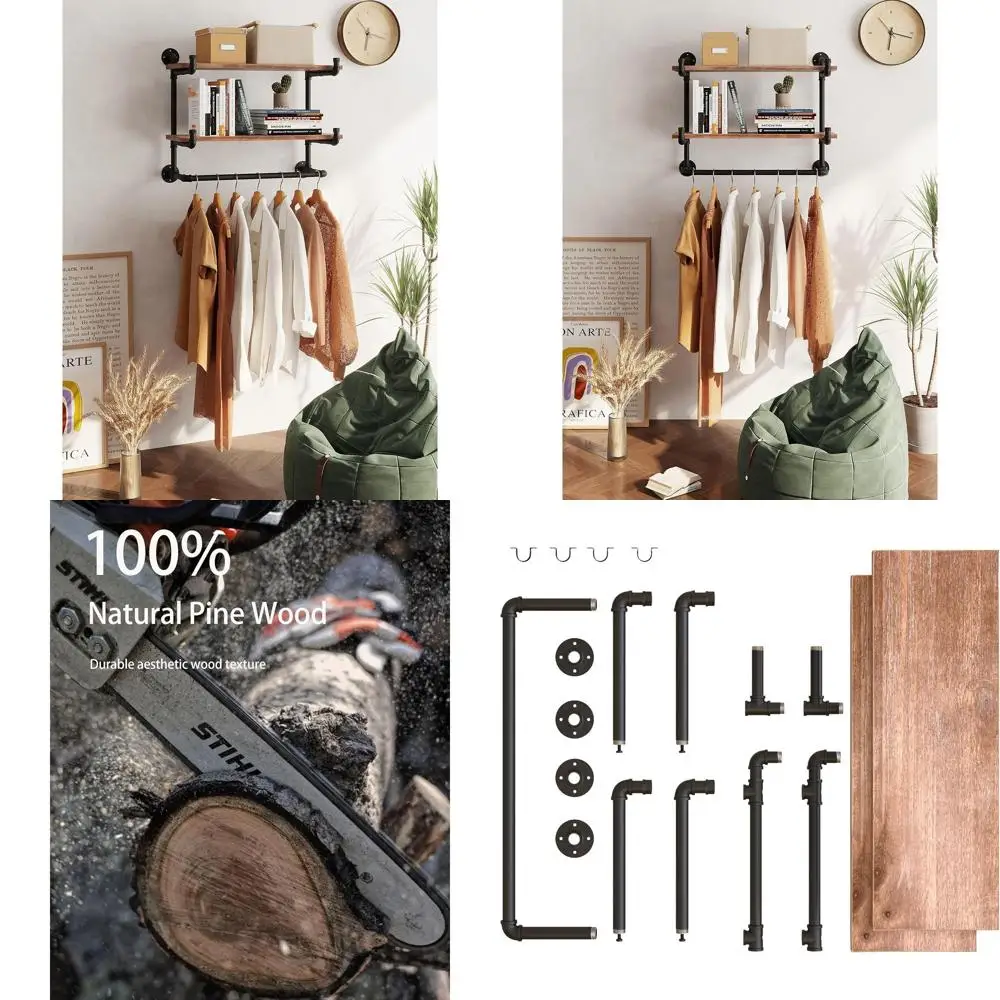 

30 Inch Dual-Tier Industrial Style Wall Mounted Clothing Rack with Shelves for Home and Retail Use