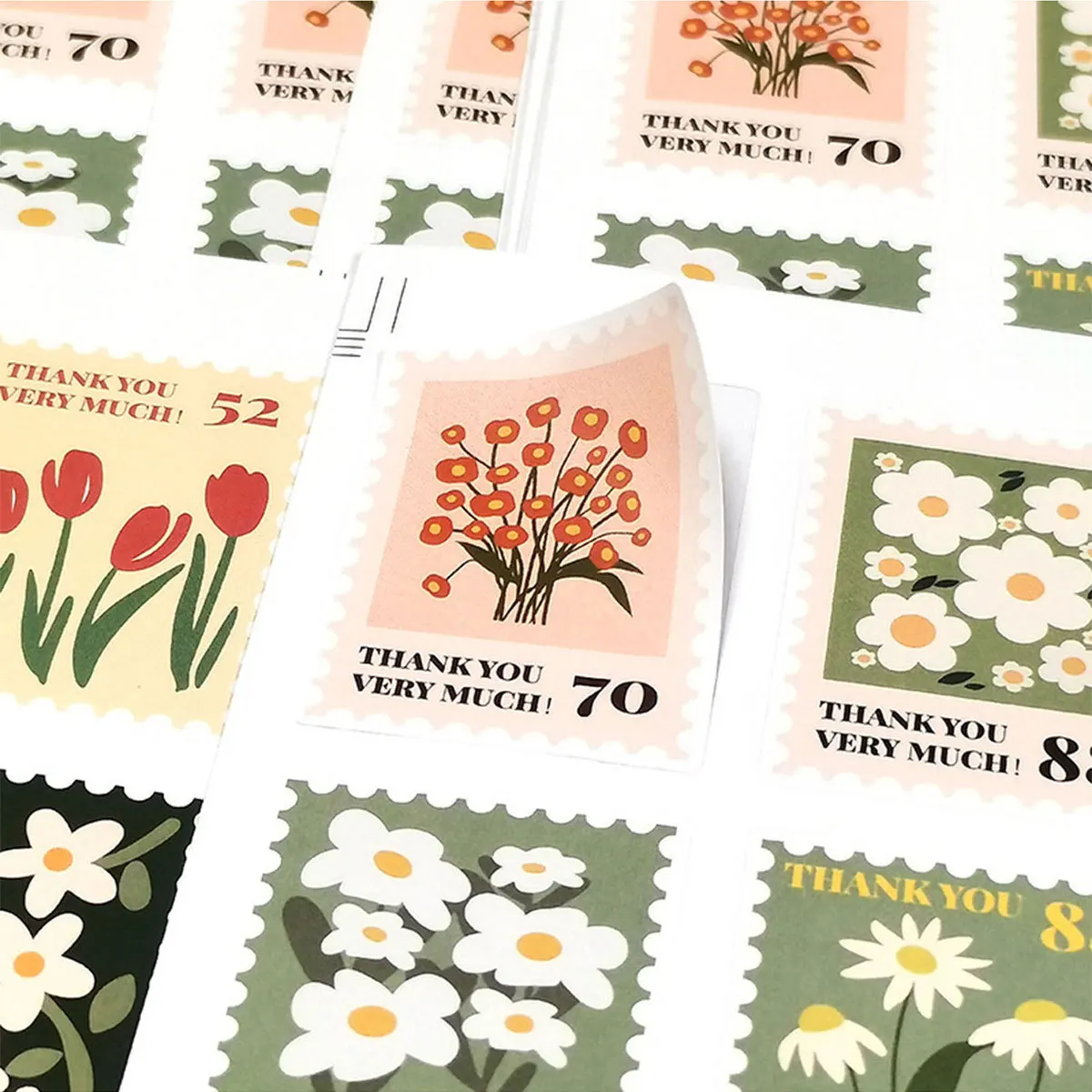 20Pcs Square Floral Stamp Thank You Stickers Minimal Flower Sealing Labels for Gift Box Bouquet Holiday Party Packaging Decor