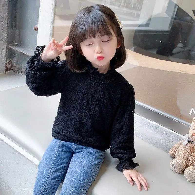 Autumn Winter New Fashion Plush Keep Warm Bottoming Shirt for Girls Long-sleeved Lace High-neck Design Children Clothes T133