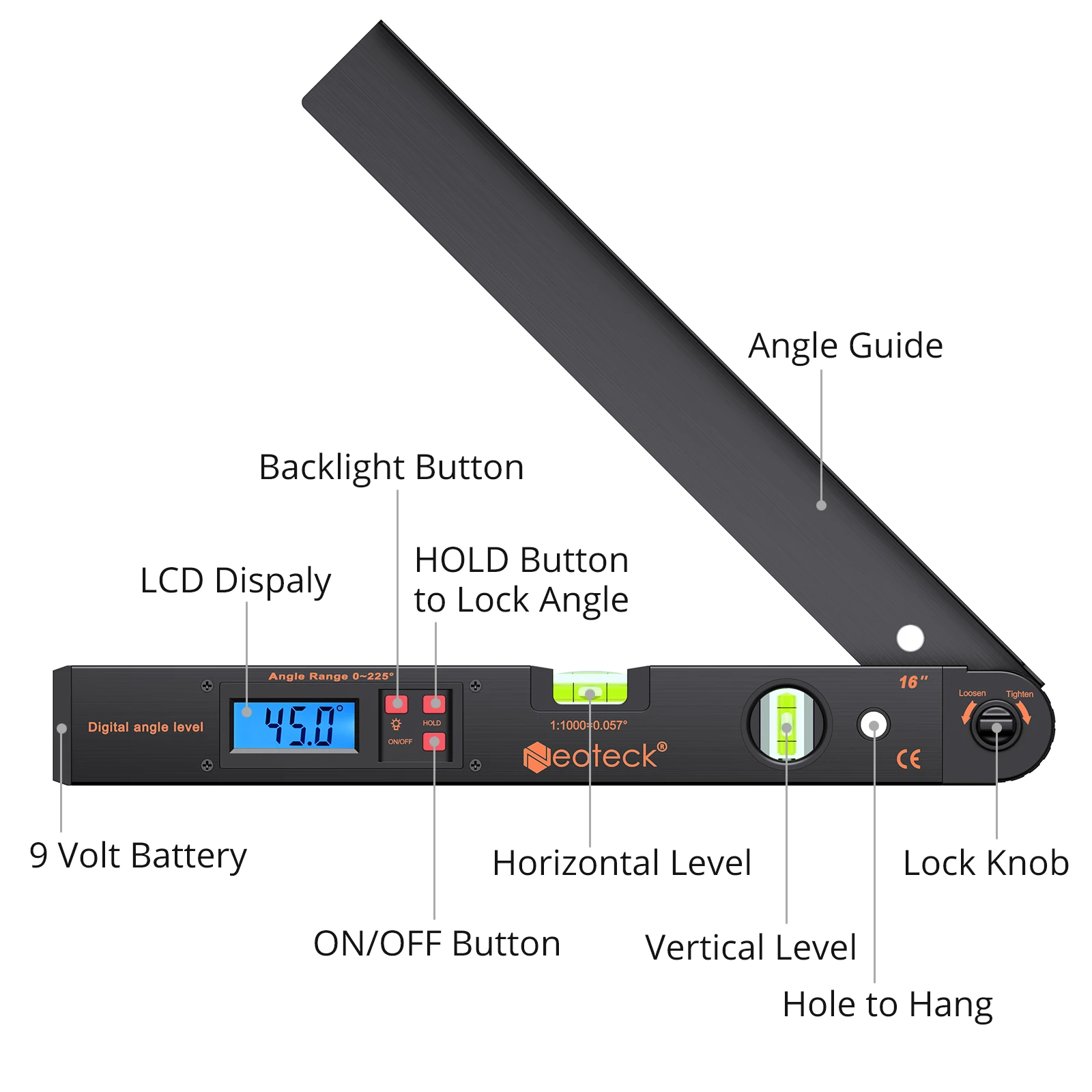 Imagem -04 - Lcd Backlight Transferidor Digital Nível de Espírito Angle Finder Medidor de Medidor Régua Ferramenta para Carpinteiros 0225 °