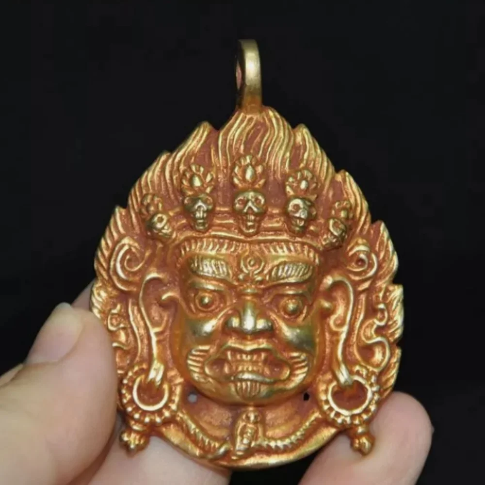 old Tibet Buddhism bronze Gilt Mahakala head statue Amulet periapt pendant