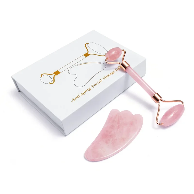 ลูกกลิ้งหยกธรรมชาติ Gua Sha Scraper ชุด Rose Quartz เครื่องนวดหน้าหยก Roller หิน Guasha Face Lift เครื่องมือ Skin Care Beauty