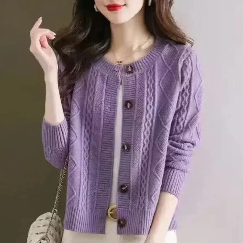 Simplicity Casual Autumn Solid Sweaters Women\'s O-Neck Single Breasted Screw Thread Fashion Long Sleeve Cardigan Knitted Tops