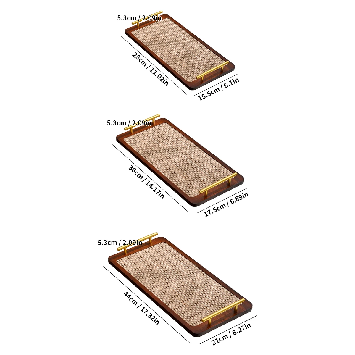 1pc Metal-Handled Tray, Lightweight Reed-Inlaid Solid Wood Design For Displaying Cakes, Desserts, Fruits And Beverages.