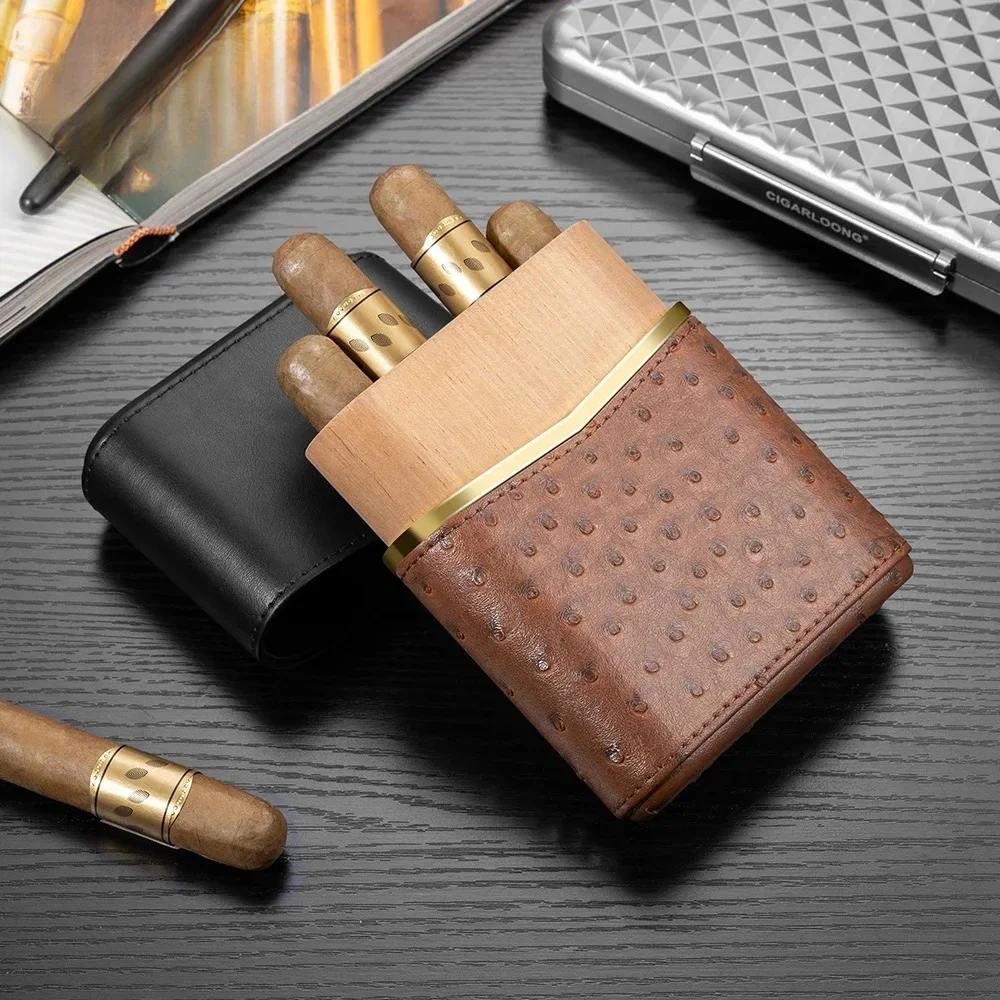 Leather Cigar Case 4 Packs with Cedar Wood Liner Cigar Humidor Travel Portable Moisturising Cigars Magnetic Laminating Seal