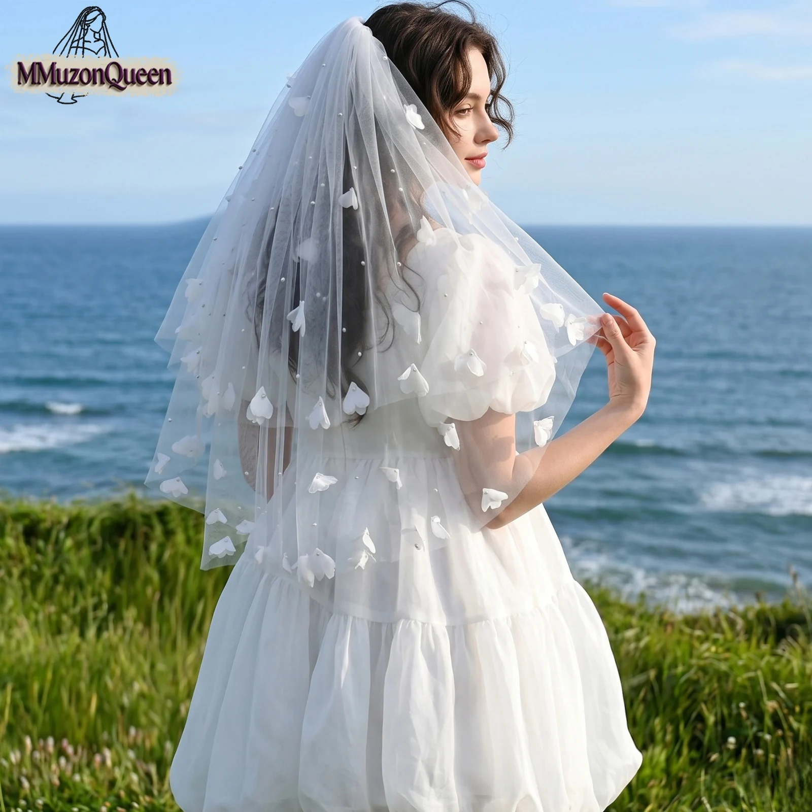 TOPQUEEN Velo de novia floral 3D de 2 capas con perlas, peineta metálica para el pelo, tocado de novia, ideal para bodas y fiestas M101