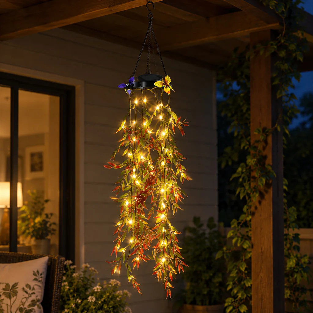 Solar Hanging Plant Light Waterproof Artificial Plant String Warm White Automatic Night Lighting for Balcony Terrace Patio