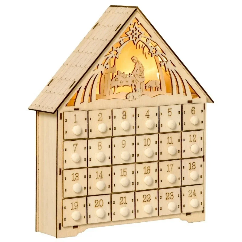 Wooden advent calendar with 24 drawers, Christmas decorations, engraved nativity scenes and lights, 26.6x6x30cm