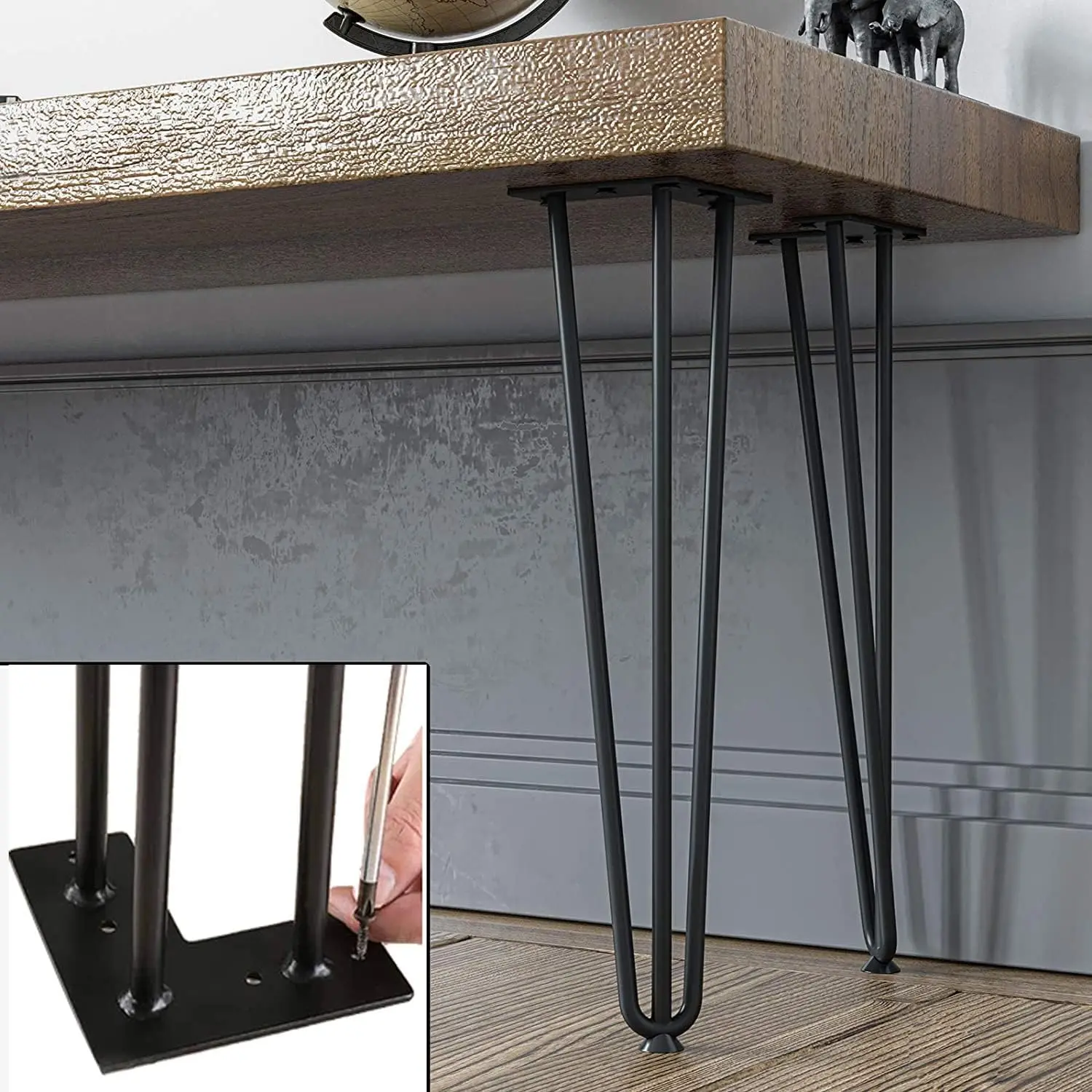 YOUTHUA Hairpin Legs (4PCS) Black Bench Legs Heavy-Duty 3-Rod Coffee Table Legs Furniture Legs with Floor Protectors