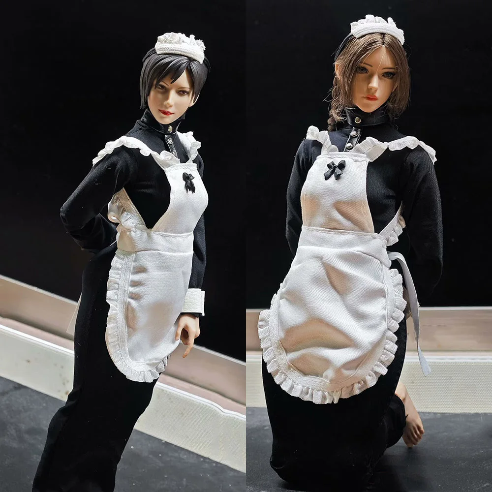 1/6 Female Sexy Maid Uniform Slim Dress Ruffles Lolita White Apron with Leather Necklace Model For 12'' Action Figures Body Toys