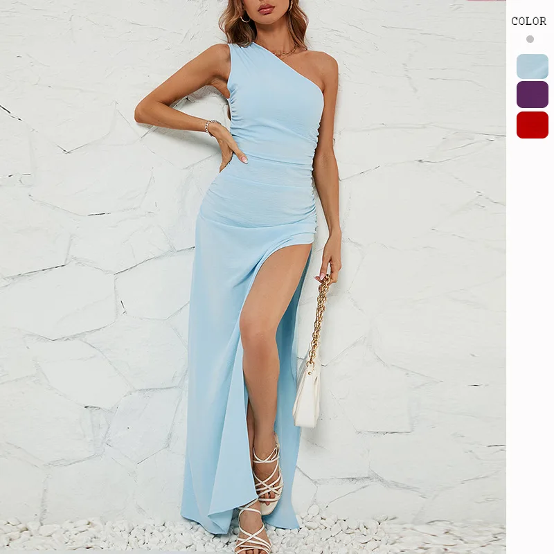 

2024 Summer Amazon Foreign Trade Europe and The United States New Sexy Slanted Shoulder Slim Slit Versatile Dress Women