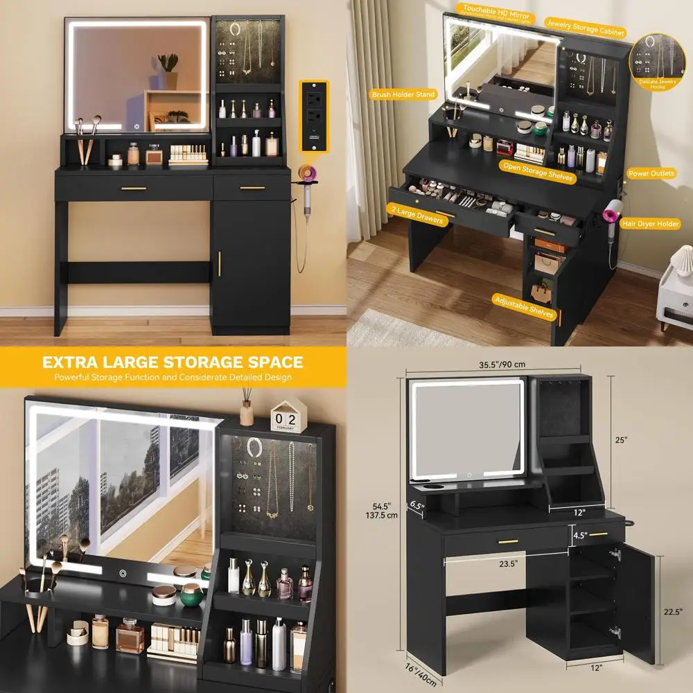 Illuminated Makeup Vanity Desk with Mirror, Drawers, and Storage, 3-Color Light, Suitable for Bedroom or Dining Room, Black