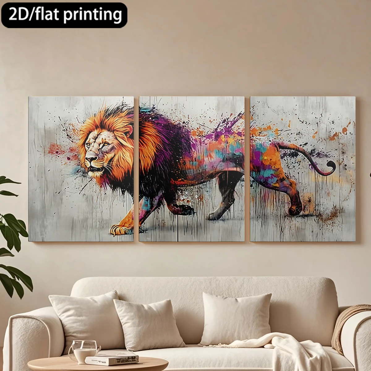 

Three-panel decorative canvas paintingColor-splashed lion artwork, vivid decor.