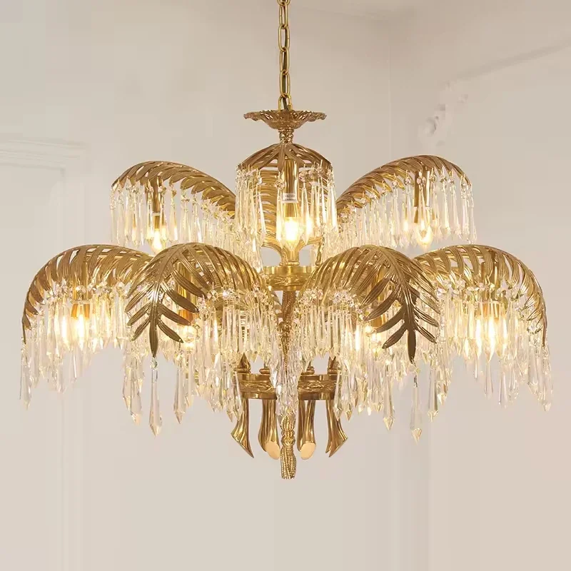 

French Style Luxurious Hand Carving Gold Brass Color Hanging Pendant Lights Villa Living Room Luxury K9 Crystal Palm Chandelier