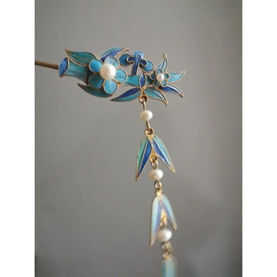 Chinese Style Cloisonne Distinctive Hanfu Hair Accessories Restoration Brass Gold-plated Filigreds Dot Bamboo Plum Hairpin