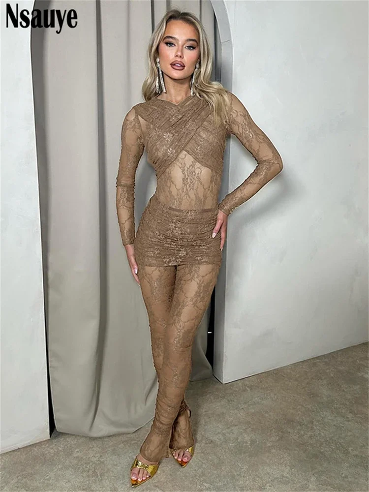 

Nsauye Lace Elegant 2 Piece Dress Sets Long Sleeve Jumpsuits Tops And High Waist Mini Skirt Sexy Women Outfits Clubwear 2023