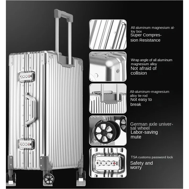 Large Size Suitcase All Aluminum with Wheels 29 inch High-grade Metal Carry-on Luggage 20 inch Cabin Travel Bag Trolley Case