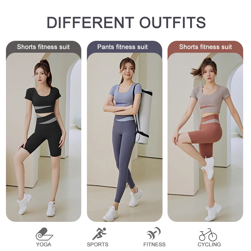 Two Piece Seamless Yoga Set Women Sportswear Suit Outfit Short Sleeve Gym Leggings With Bra Pants Sports Bra Shorts Fitness