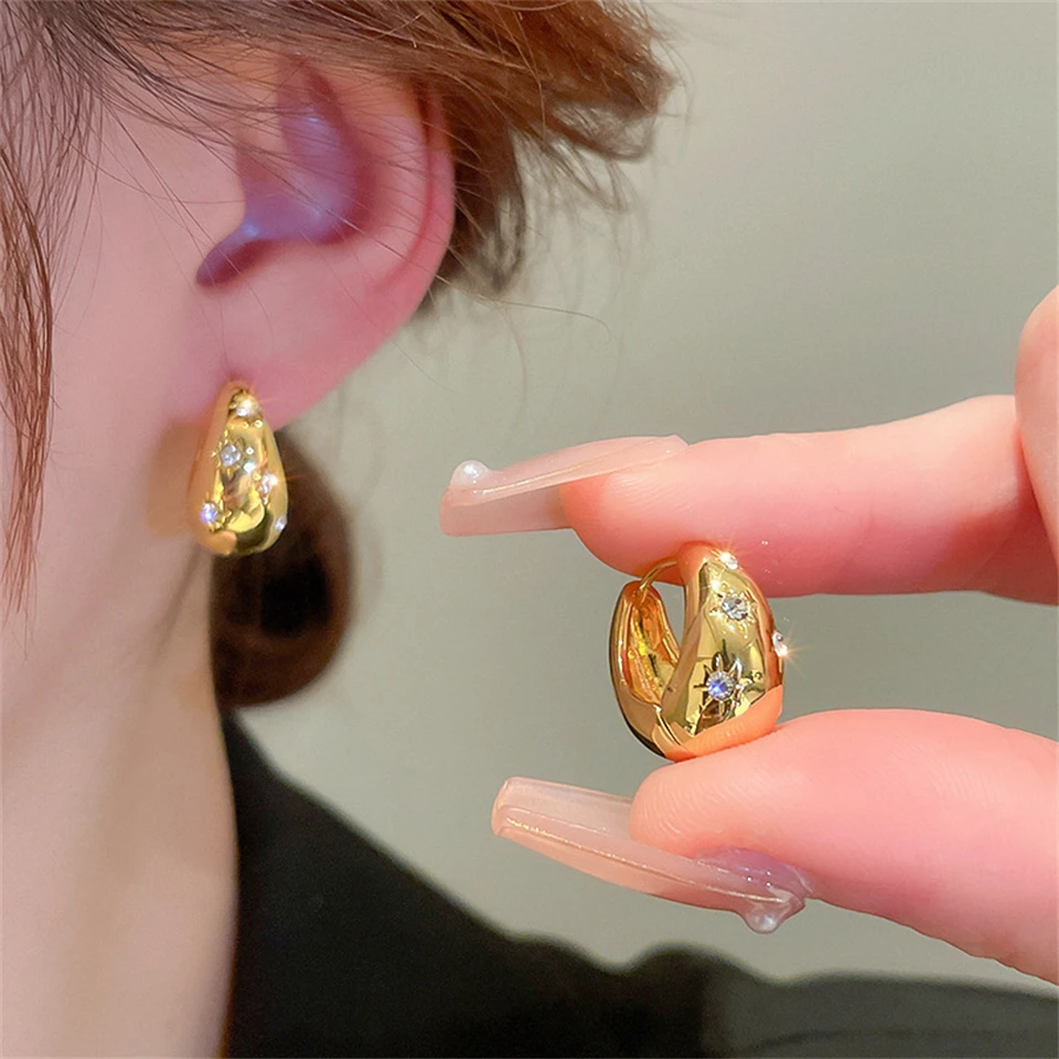 Simple Round Hoop Earrings Cubic Zirconia Star Hoop Earrings Personality Chunky Water Drop Ornaments Exquisite Jewelry image 2