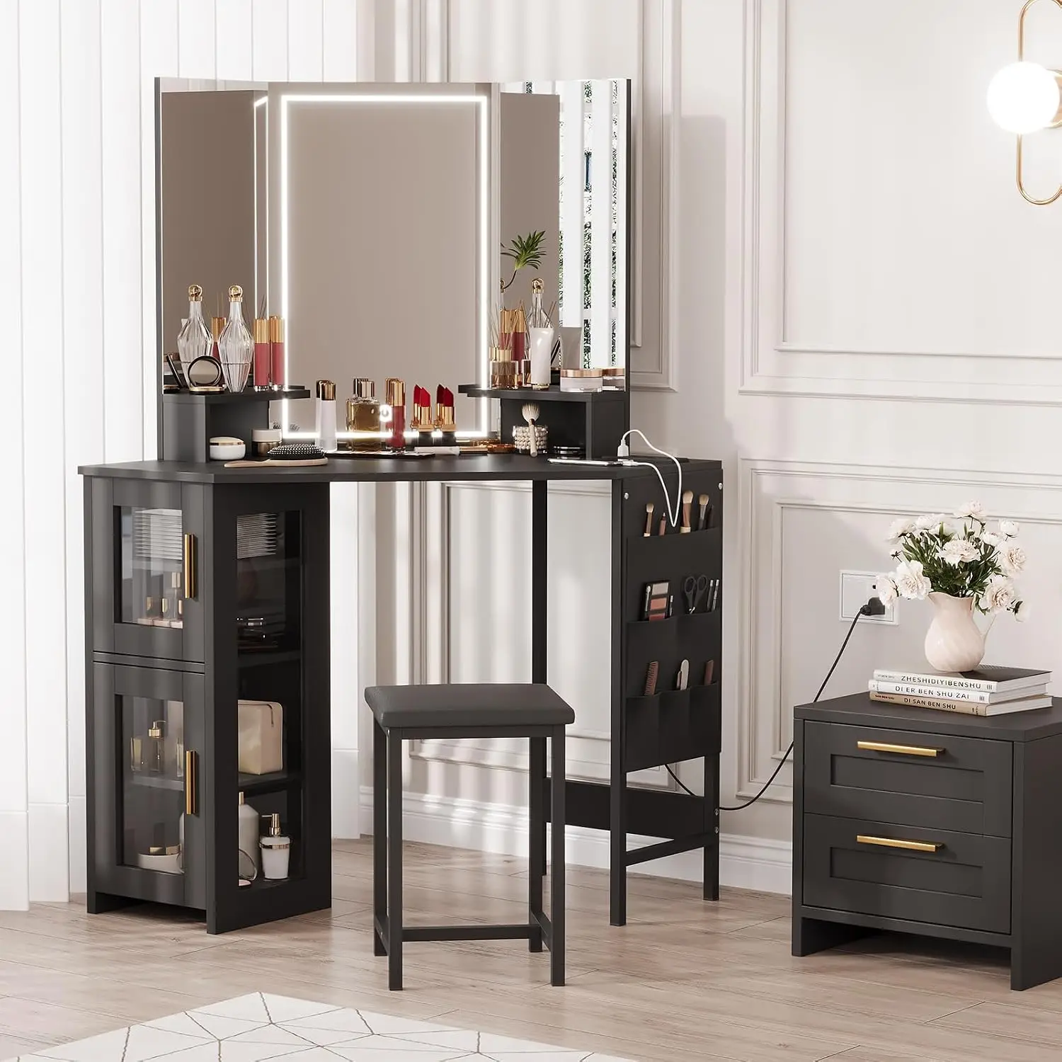 Corner Vanity Desk and Stool with LED Lighted Mirror, Corner Makeup Vanity Set with Charging Station and Cabinet for Bedroom