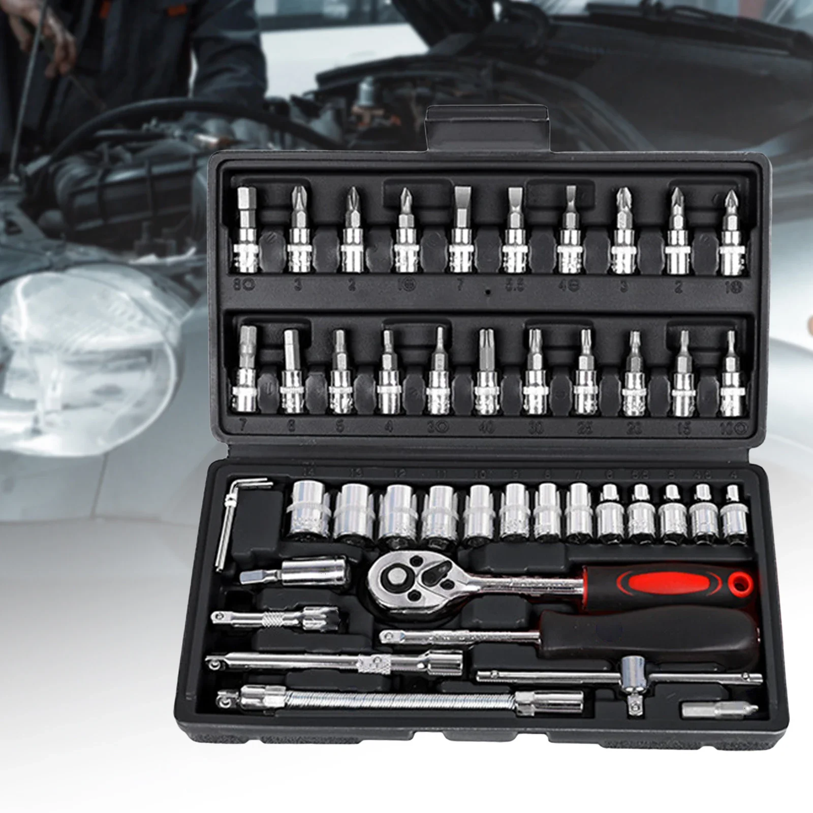 46 Pcs Car Repair Tool Kit Generic Socket Ratchet Torque Wrench Set Screwdriver Drive Socket and Bit Set with Storage Case