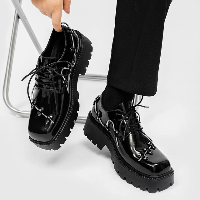 New Men Square Toe Patent Leather Loafers Male Platform Dress Shoes Vintage Chunky Heel Party Shoes Mens Formal Shoes AliExpress