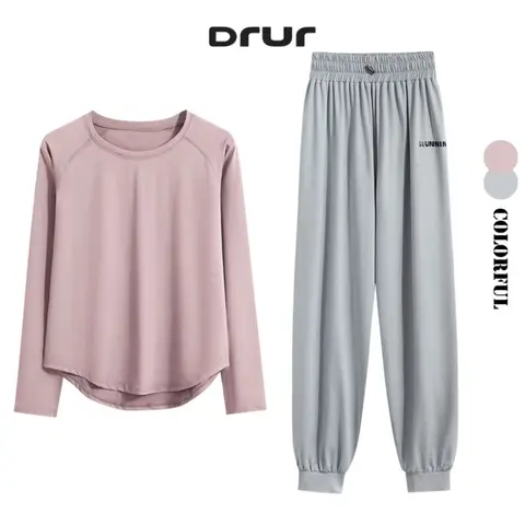 DRUR 2pcs Running Set Women Tracksuit Lightweight Loose Long Sleeve Sport Shirt Pants Sets 2 Piece Sportswear Outfit Gym Clothes