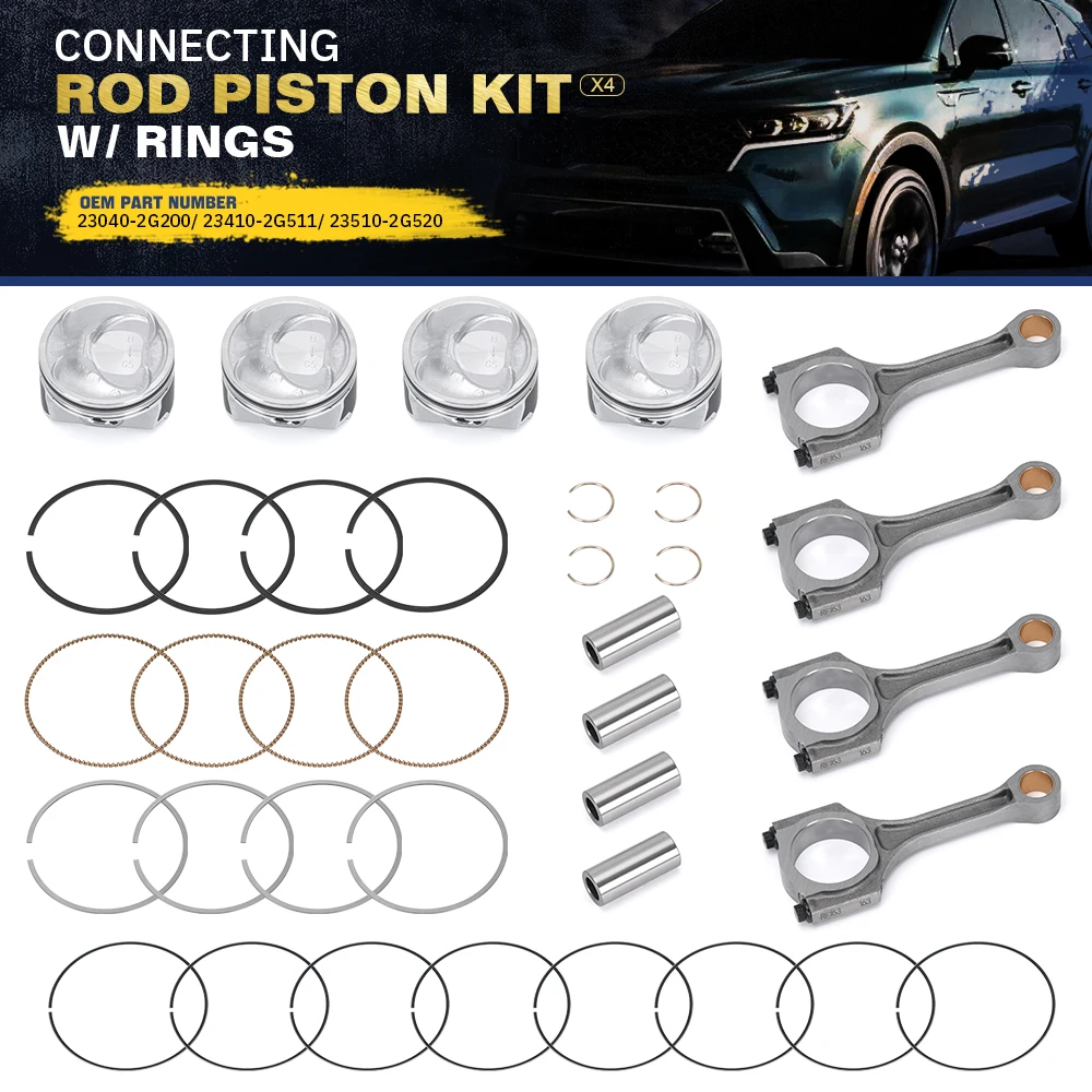 4 Sets Connecting Rods Piston Kit With Rings For 11-21 Hyundai Sonata Kia Sorento Optima 2.4L Piston Pin Snap Ring 23510-2G520