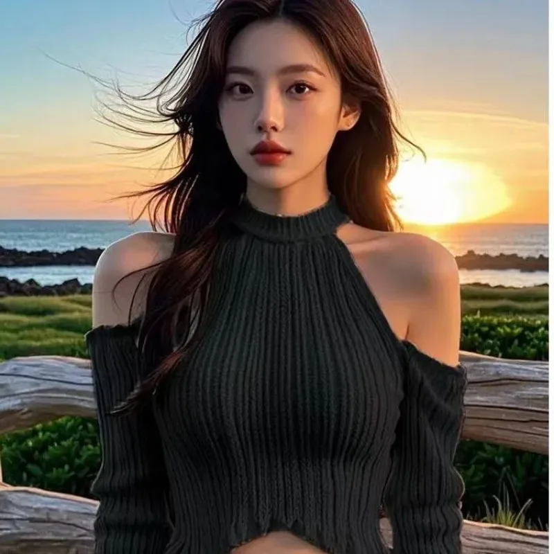Women's Autumn Winter Tops Sweater Shoulder Knit Commuter Pure Color Design Retro Niche Thin Fashion Brand Simple Advanced Soft 3