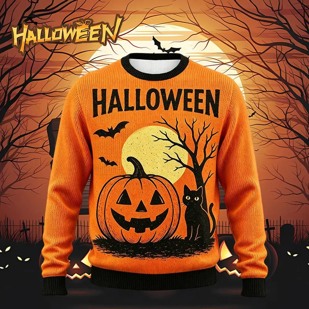 New Halloween Ugly Sweater Spooky Pumpkin Print Crew Neck Pullover Tops Festival Party Causal Long Sleeve Sweatshirt Men's Gift