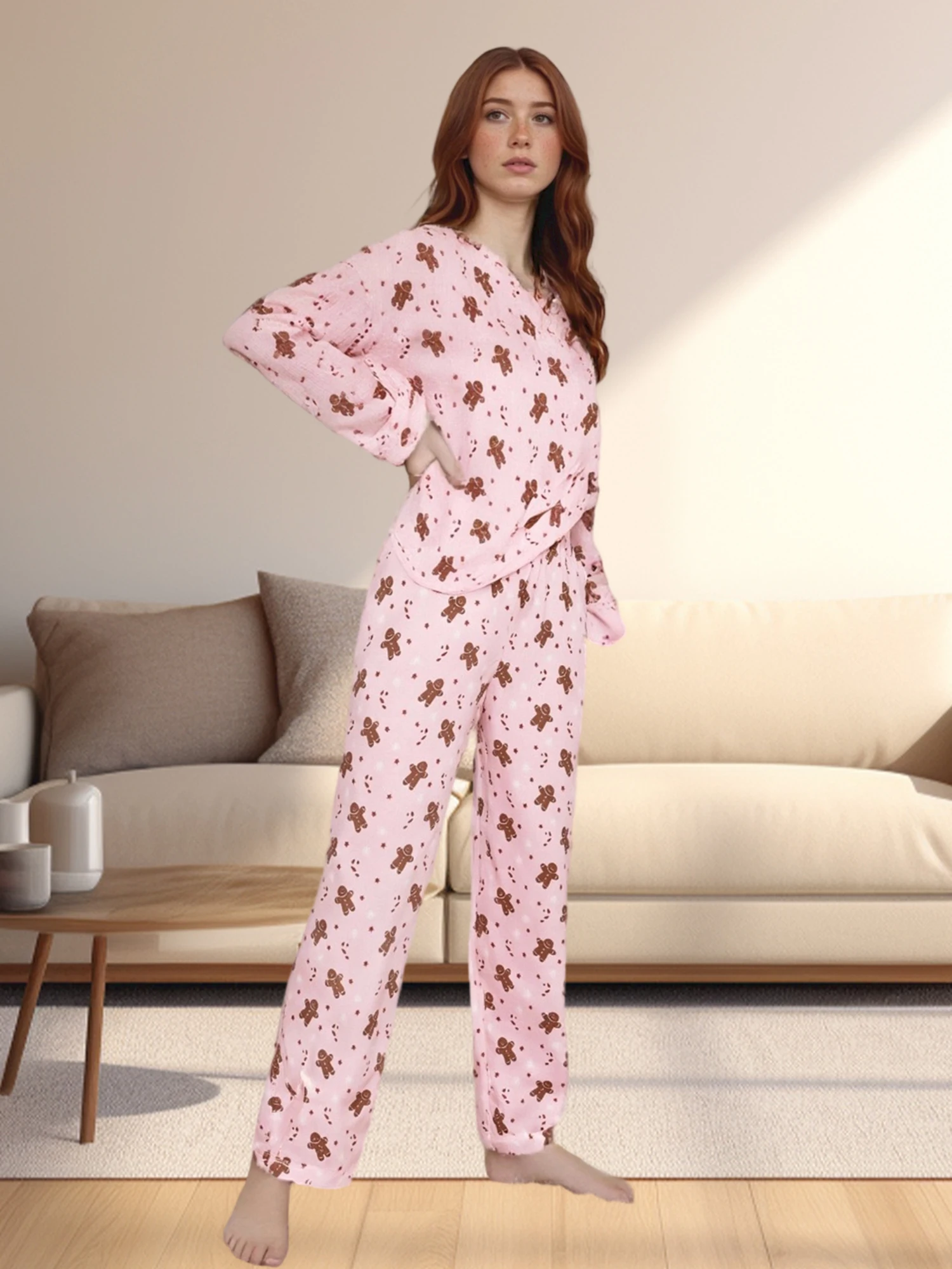 Roupas femininas de Natal casual estampa de pão de gengibre tops de manga comprida e calças elásticas conjunto de 2 peças streetwear