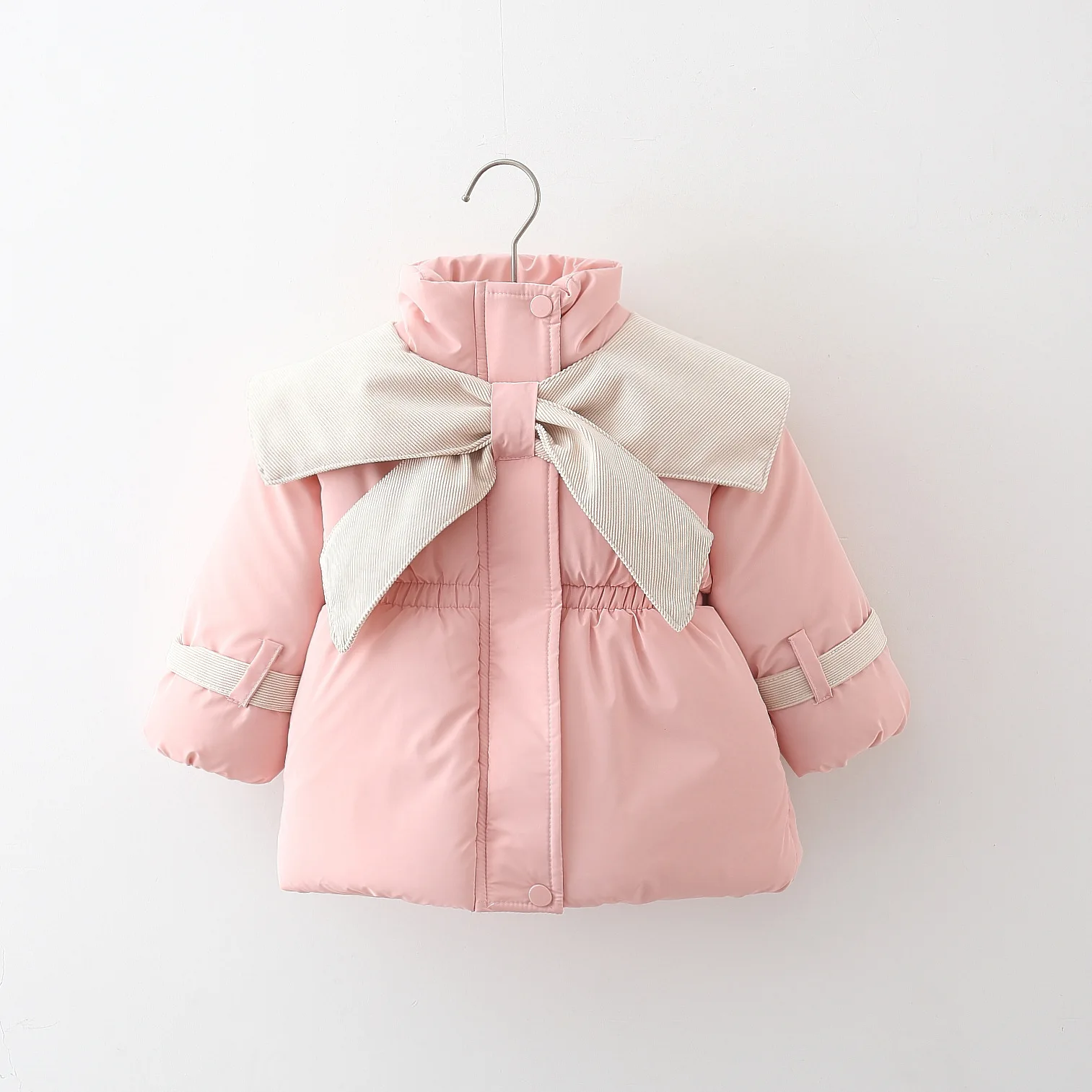 Winter 2024 new bow-neck cotton-padded kids coat for girls stand-up collar cute tops