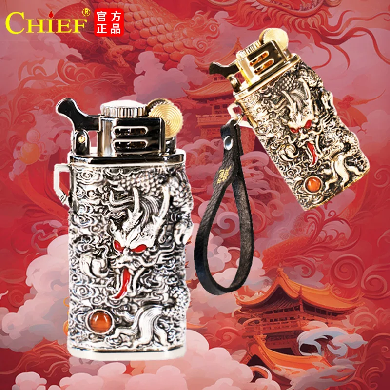 New CHIEF Kerosene Lighter Metal Creative 3D Dragon Relief Vintage Grinding Wheel Ignition Windproof Lighters Smoking Tool Gifts