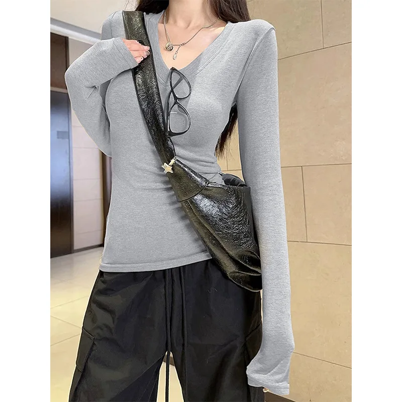 Soft Simple V Neck Slim T Shirt Base Blouse Undershirts Tight Top Women Threaded All-match Long Sleeve T Shirt Spring