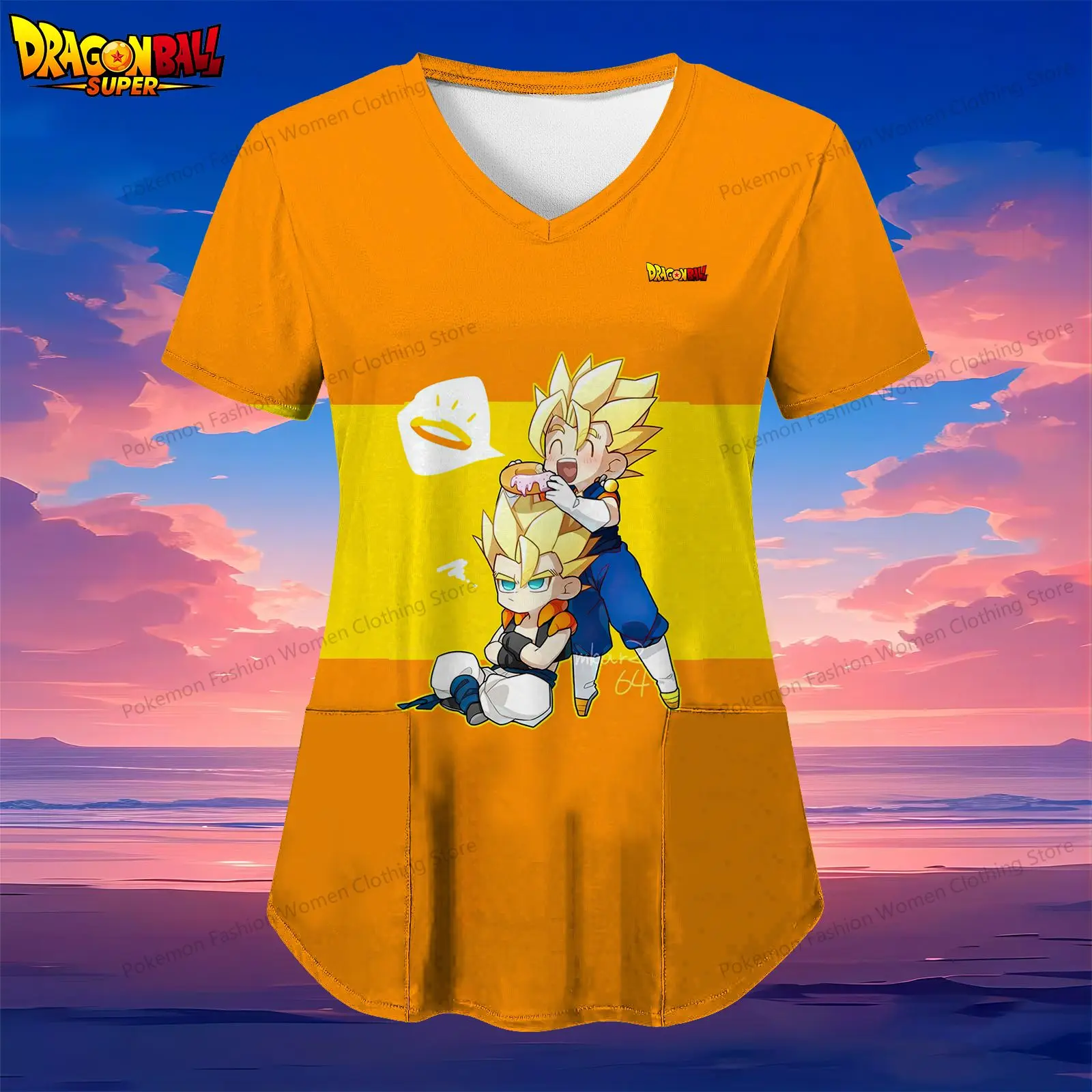 

Women's V Neck Nurse Uniform T-Shirt Kakarotto Dragon Ball Pocket 2024 Summer Clothes S-2XL Y2k Tops Street Wear Kawaii Anime