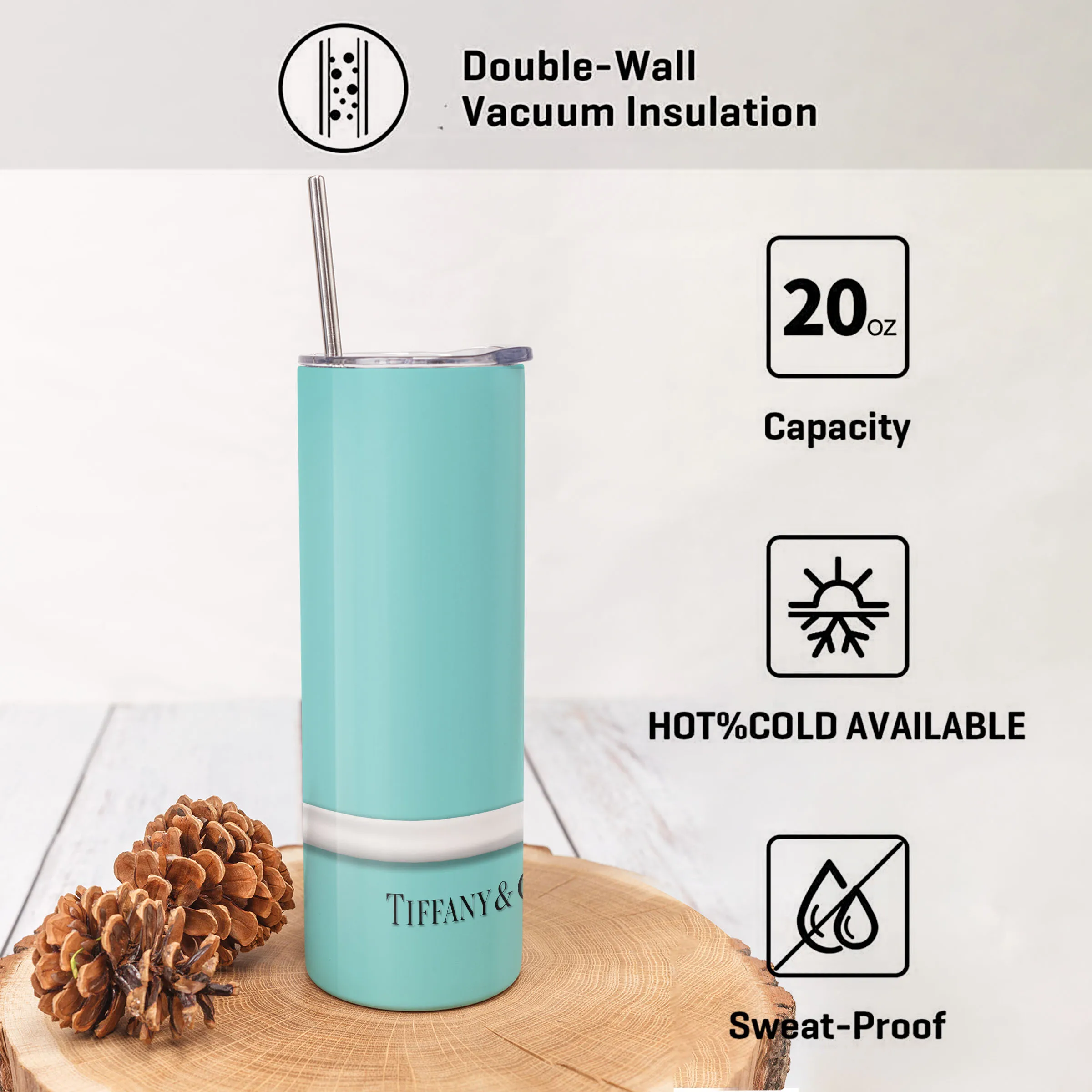 Y&Co. بهلوان معزول سعة 20 أونصة مع غطاء وقش من الفولاذ المقاوم للصدأ، تصميم فيونكة فضية باللون الأزرق المائي، جدار مزدوج معزول للفراغ