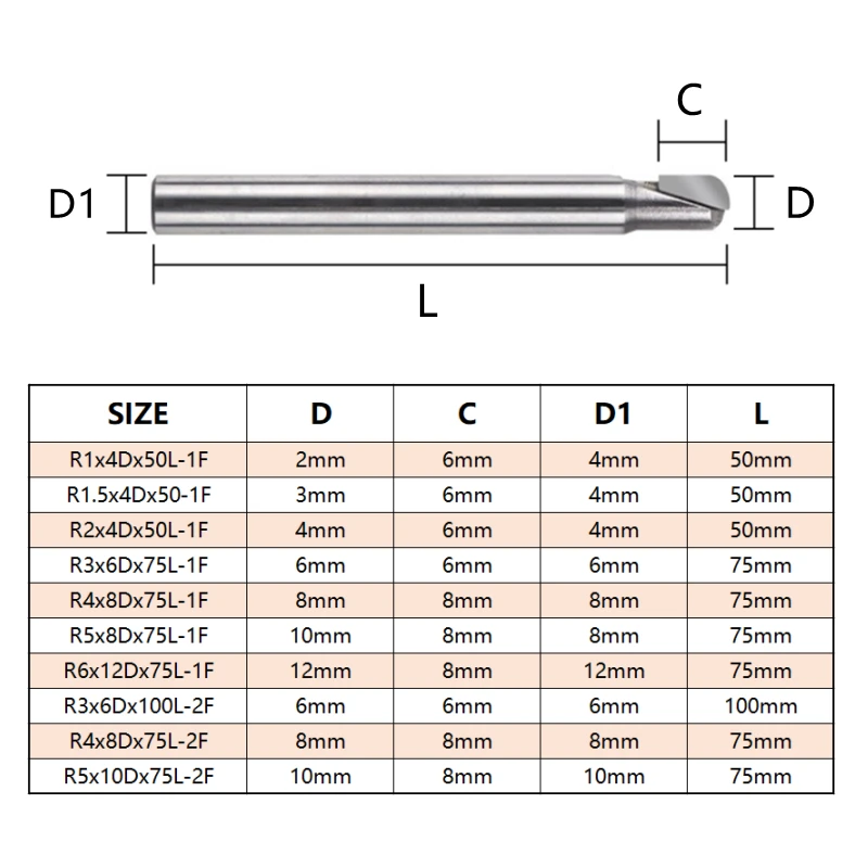 Diamond PCD Milling Cutter D1/2/3/4/5/6/8/10/12mm Ball Nose Mill R1/1.5/2/3/4/5/6 CNC Engraving Drill Bit Lathe Processing Tool