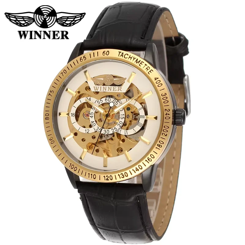 

T-winner Mechanical watch Bar scale three rings hollow mechanical watch Men's Watch Round Dial Automatic mechanical watch Gold w